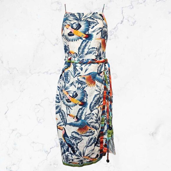 Farm Rio Flying Toucans Tropical Colorful 100% Linen Midi Dress - Picture 7 of 8